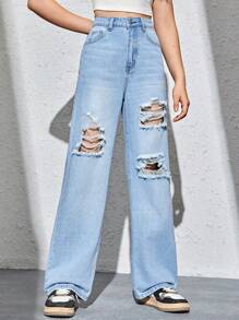 SHEIN Teen Girl Ripped Straight Leg Jeans - Light Wash - View 3