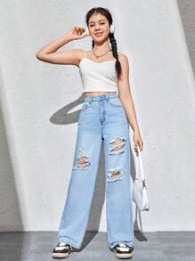 SHEIN Teen Girl Ripped Straight Leg Jeans - Light Wash - View 4