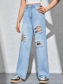 SHEIN Teen Girl Ripped Straight Leg Jeans - Light Wash - View 5