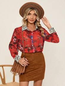 SHEIN Clasi In hoa Nút phía trước Áo sơ mi - Đỏ - Xem 1