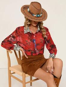 SHEIN Clasi In hoa Nút phía trước Áo sơ mi - Đỏ - Xem 3