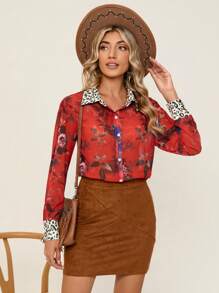 SHEIN Clasi In hoa Nút phía trước Áo sơ mi - Đỏ - Xem 5