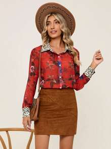 SHEIN Clasi In hoa Nút phía trước Áo sơ mi - Đỏ - Xem 6