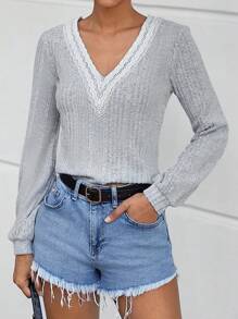 RueChic Guipure Lace Trim V Neck Tee - Light Grey - View 1