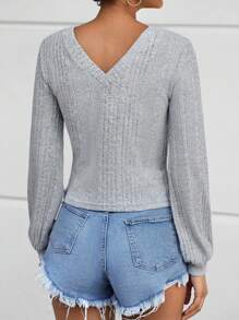 RueChic Guipure Lace Trim V Neck Tee - Light Grey - View 2