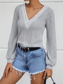 RueChic Guipure Lace Trim V Neck Tee - Light Grey - View 3