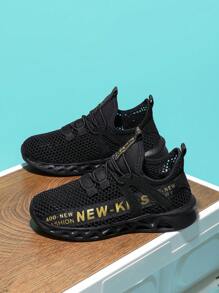 Boys' Single Mesh Breathable Sport Running Shoes For Spring And Autumn - Black - View 2