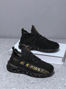 Boys' Single Mesh Breathable Sport Running Shoes For Spring And Autumn - Black - View 4