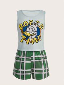 Renza Cartoon Graphic Plaid PJ Set - Multicolor - View 1