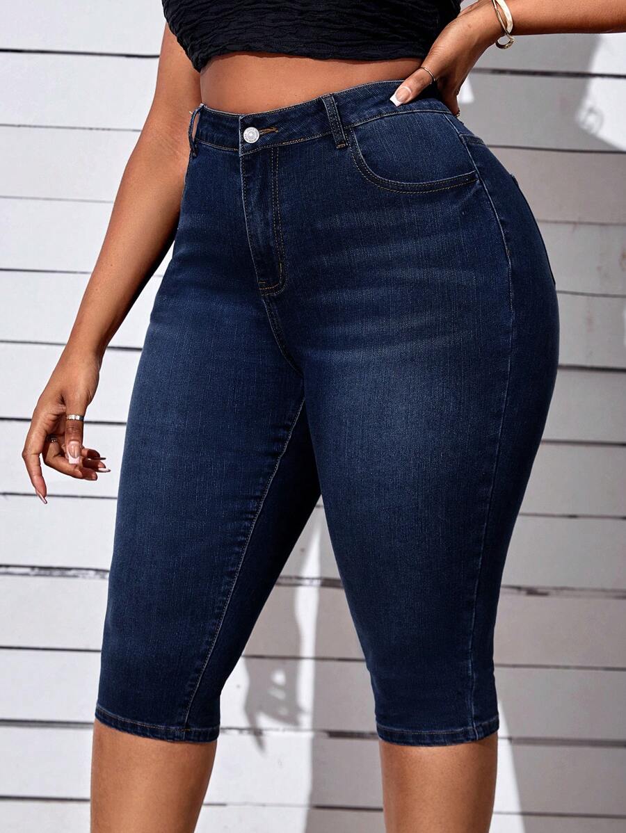 SHEIN SXY Plus High Waist Skinny Jeans - Dark Wash - View 1