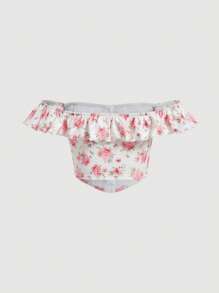 SHEIN MOD Vải in hoa Off Shoulder Viền Ruffle Viền không đối xứng Áo - Nhiều màu - Xem 2