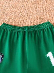 SHEIN 男童字母和足球印花插肩袖T恤和短裤绿色男童套装足球服儿童足球服男童足球服 - 綠色 - 查看 7