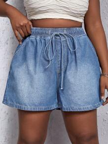 SHEIN 大碼腰部抽繩闊腿牛仔短褲 - 淺色水洗藍 - 查看 1