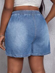 SHEIN 大碼腰部抽繩闊腿牛仔短褲 - 淺色水洗藍 - 查看 2