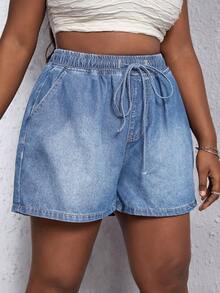 SHEIN 大碼腰部抽繩闊腿牛仔短褲 - 淺色水洗藍 - 查看 3