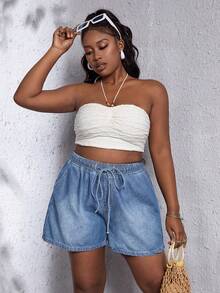 SHEIN 大碼腰部抽繩闊腿牛仔短褲 - 淺色水洗藍 - 查看 4