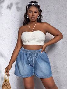 SHEIN 大碼腰部抽繩闊腿牛仔短褲 - 淺色水洗藍 - 查看 5