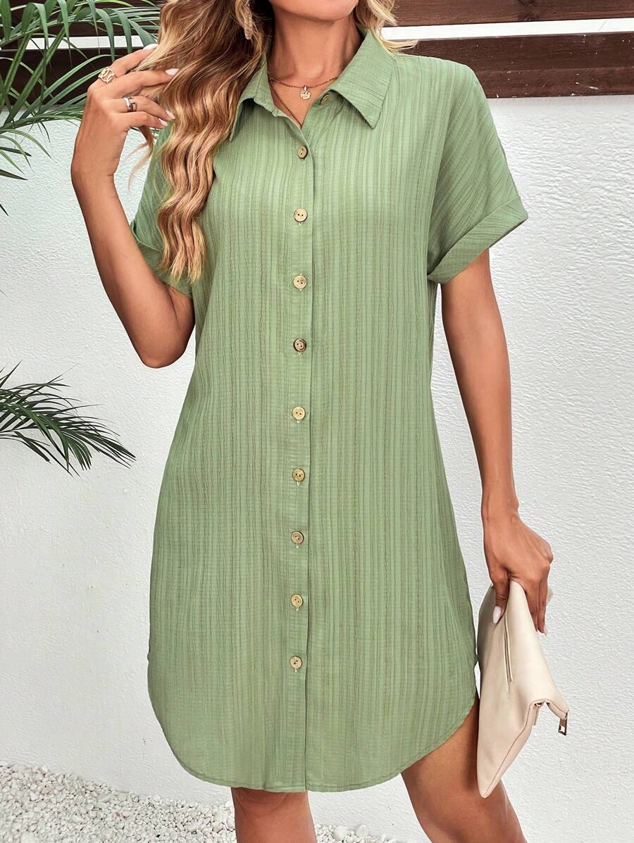 SHEIN LUNE 蝙蝠袖前紐扣襯衫洋裝不附腰帶 - 綠色 - 查看 1