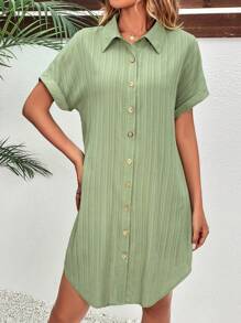 SHEIN LUNE 蝙蝠袖前紐扣襯衫洋裝不附腰帶 - 綠色 - 查看 4