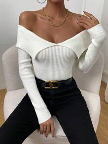 Chiquease Foldover Off Shoulder Ribbed Knit Jumper - Beige - View 1