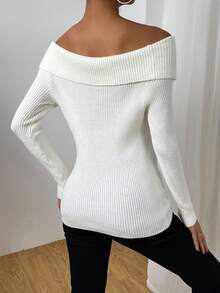 Chiquease Foldover Off Shoulder Ribbed Knit Jumper - Beige - View 2