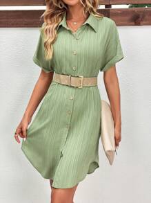 SHEIN LUNE 蝙蝠袖前紐扣襯衫洋裝不附腰帶 - 綠色 - 查看 6