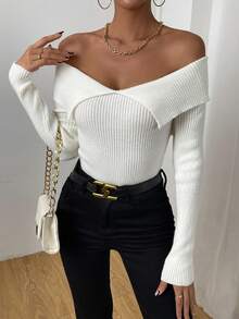 Chiquease Foldover Off Shoulder Ribbed Knit Jumper - Beige - View 3