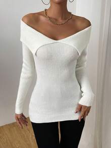 Chiquease Foldover Off Shoulder Ribbed Knit Jumper - Beige - View 5