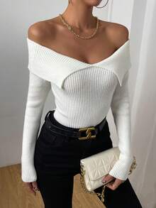 Chiquease Foldover Off Shoulder Ribbed Knit Jumper - Beige - View 6