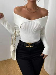 Chiquease Foldover Off Shoulder Ribbed Knit Jumper - Beige - View 7