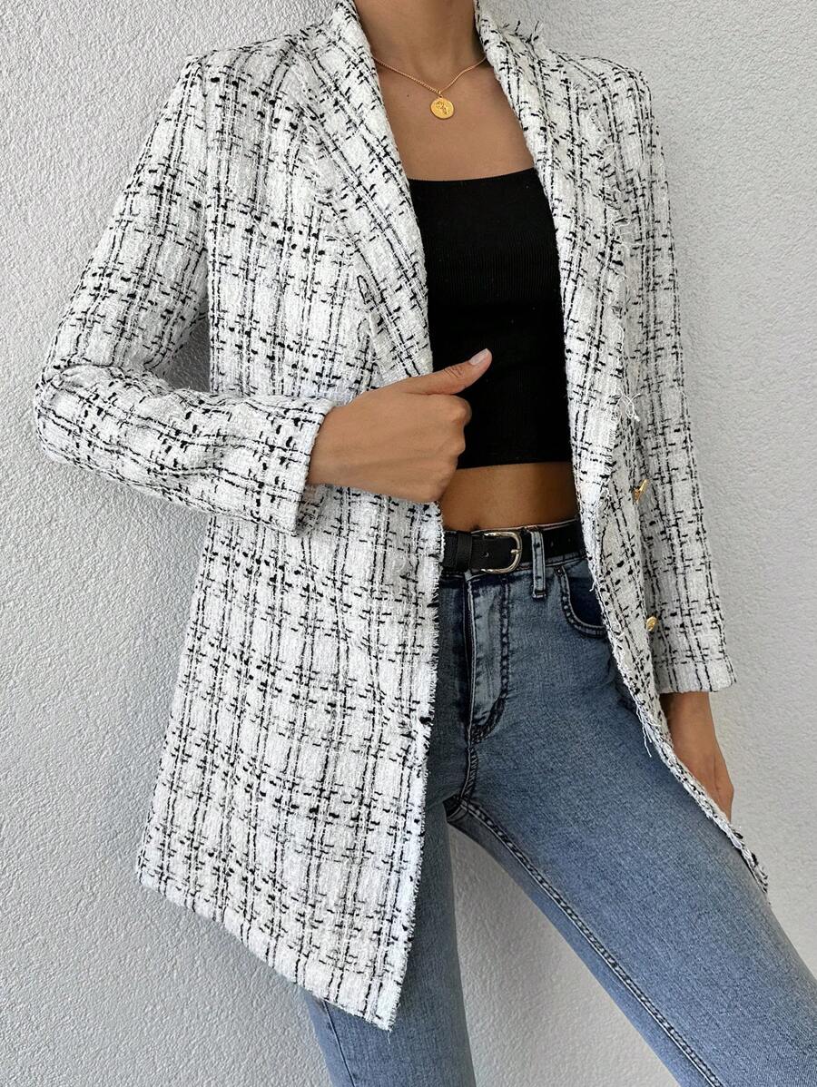 EURMUSE Plaid Pattern Shawl Collar Single Breasted Overcoat - White - View 1