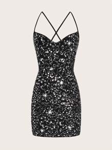 SHEIN BAE Đầm Lộ Lưng Ren lên Chia màu trơn Buổi tiệc - màu đen - Xem 1