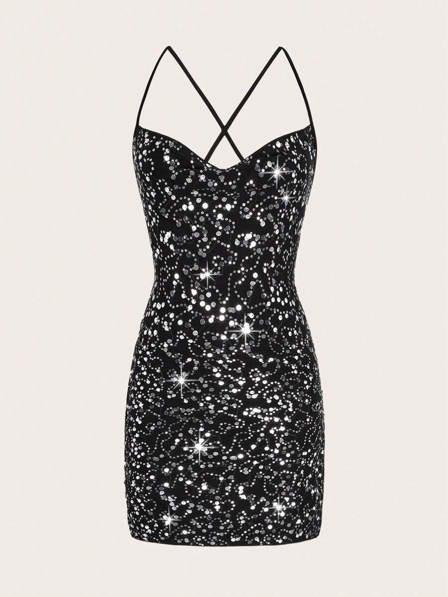 SHEIN BAE Đầm Lộ Lưng Ren lên Chia màu trơn Buổi tiệc - màu đen - Xem 1