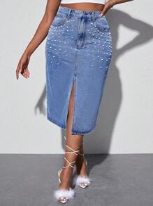 SHEIN SXY 大碼珍珠串珠高衩牛仔半身裙 - 淺色水洗藍 - 查看 1