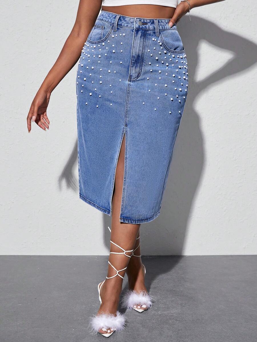 SHEIN SXY 大碼珍珠串珠高衩牛仔半身裙 - 淺色水洗藍 - 查看 1
