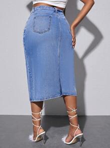 SHEIN SXY 大碼珍珠串珠高衩牛仔半身裙 - 淺色水洗藍 - 查看 2