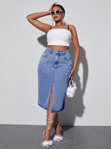 SHEIN SXY 大碼珍珠串珠高衩牛仔半身裙 - 淺色水洗藍 - 查看 3