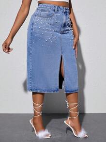 SHEIN SXY 大碼珍珠串珠高衩牛仔半身裙 - 淺色水洗藍 - 查看 5