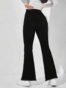 SHEIN PETITE 高腰毛邊牛仔喇叭褲 - 黑色 - 查看 2