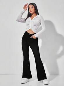 SHEIN PETITE 高腰毛邊牛仔喇叭褲 - 黑色 - 查看 3