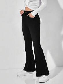 SHEIN PETITE 高腰毛邊牛仔喇叭褲 - 黑色 - 查看 5