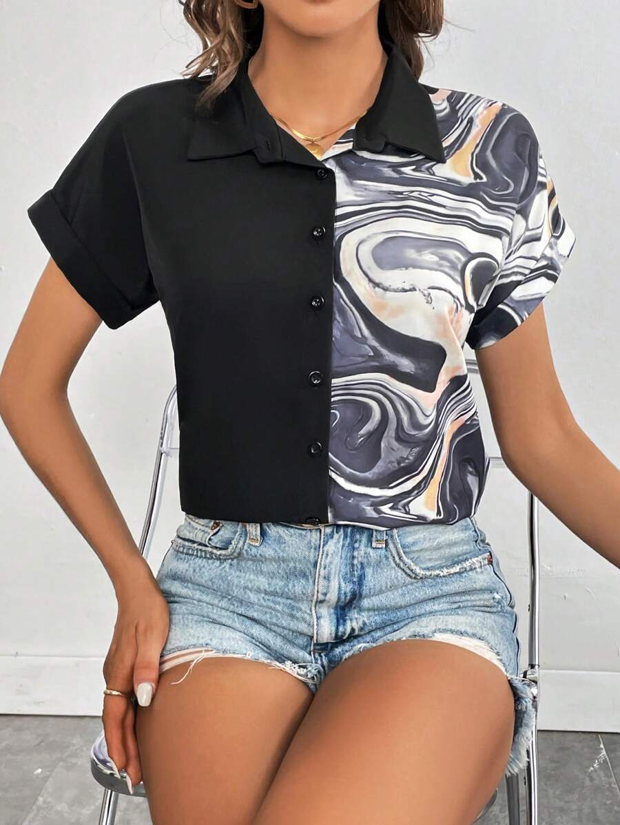 SHEIN Clasi 大理石圖案蝙蝠袖襯衫 - 黑色 - 查看 1