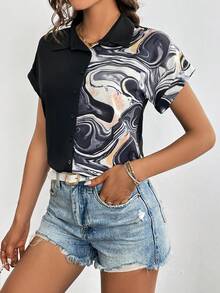 SHEIN Clasi 大理石圖案蝙蝠袖襯衫 - 黑色 - 查看 2