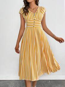 SHEIN LUNE In sọc Nút phía trước Đầm - Màu vàng - Xem 2