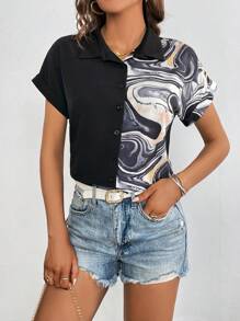 SHEIN Clasi 大理石圖案蝙蝠袖襯衫 - 黑色 - 查看 4