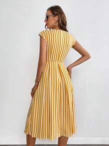 SHEIN LUNE In sọc Nút phía trước Đầm - Màu vàng - Xem 3