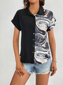 SHEIN Clasi 大理石圖案蝙蝠袖襯衫 - 黑色 - 查看 5