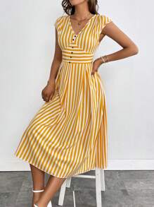 SHEIN LUNE In sọc Nút phía trước Đầm - Màu vàng - Xem 4