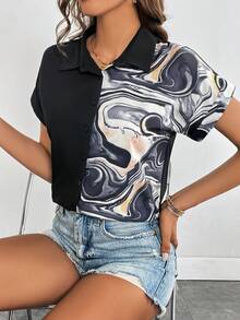 SHEIN Clasi 大理石圖案蝙蝠袖襯衫 - 黑色 - 查看 6