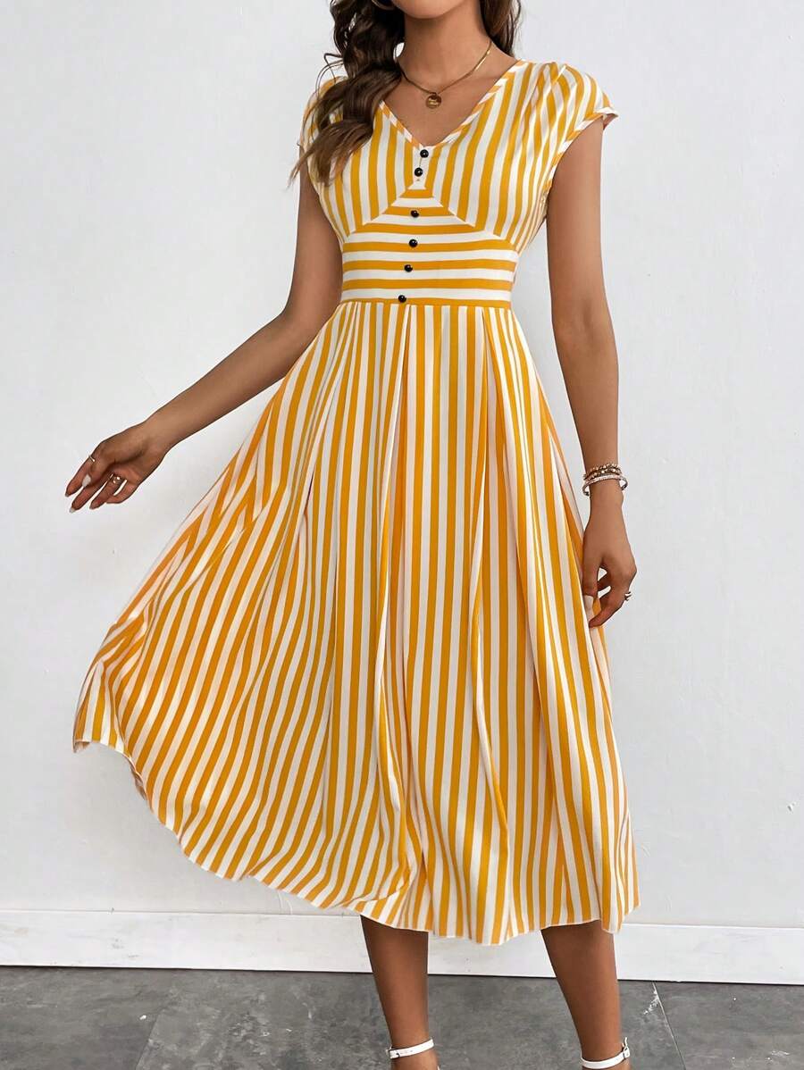 SHEIN LUNE In sọc Nút phía trước Đầm - Màu vàng - Xem 1